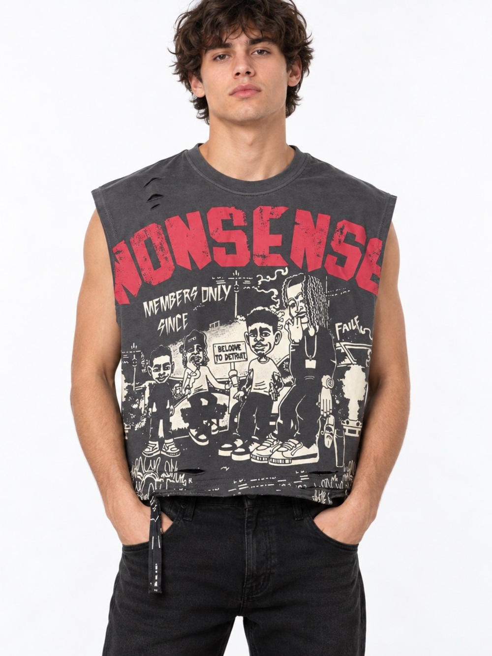 ROMWE Men Nonsense Graphic Distressed Muscle Tee Charcoal Gray Size Small